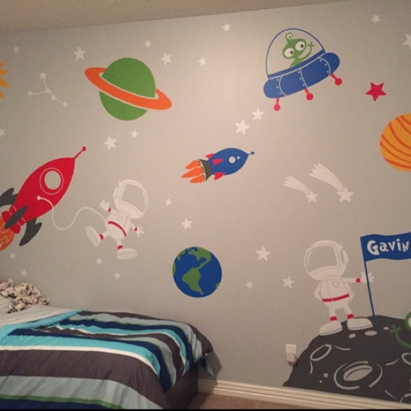 Space Wall Decal Planets Astronaut Boy Star Children Rocket Ship Alien ...