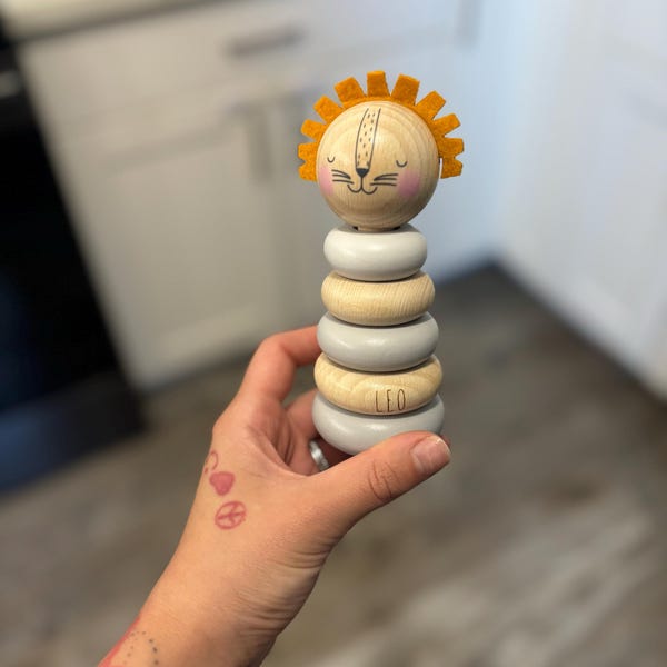 Personalised Wooden Stacking Rings Baby Toy | Stacker Wooden Lion ...