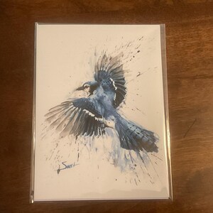 ブルージェイの水彩画プリント、飛んでいる青い鳥の絵、カラフルな鳥の