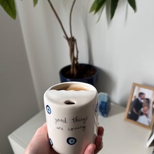 Pink Striped Travel Stoneware Tumbler, Hand Thrown Pottery Mug, Minimalist To-go Cup, Rustic Sip Mug, Modern Cup for Library, Handleless Mug