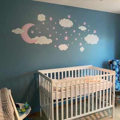 Moon Clouds & Stars Nursery Wall Decal, Night Sky Reusable Fabric Wall ...