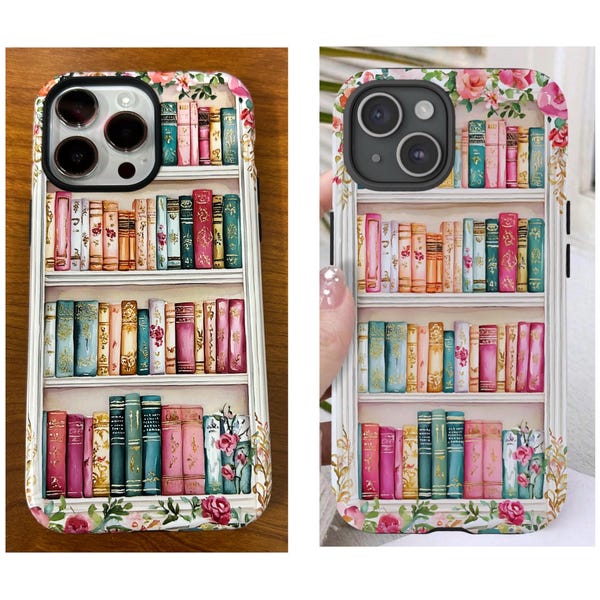 Floral Vintage Bookshelf Phone Case, Ideal Gift for Bookworms and Flower Enthusiasts, for iPhone ...