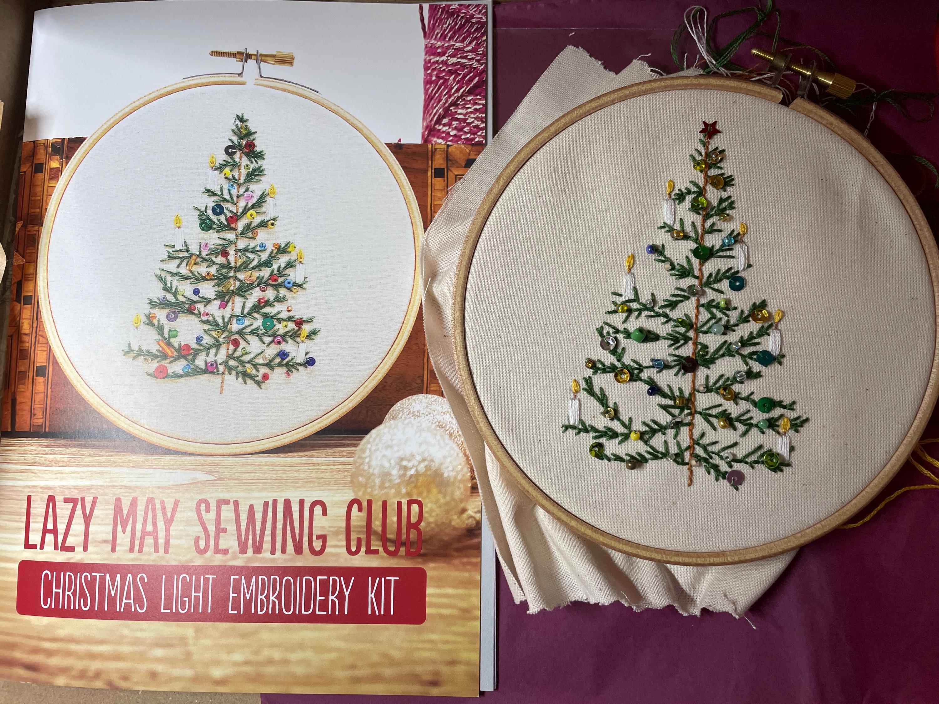 Christmas Light: Festive Embroidery Kit. Simple Christmas tree design with beads sequins, easy modern craft. Add a festive gift set.