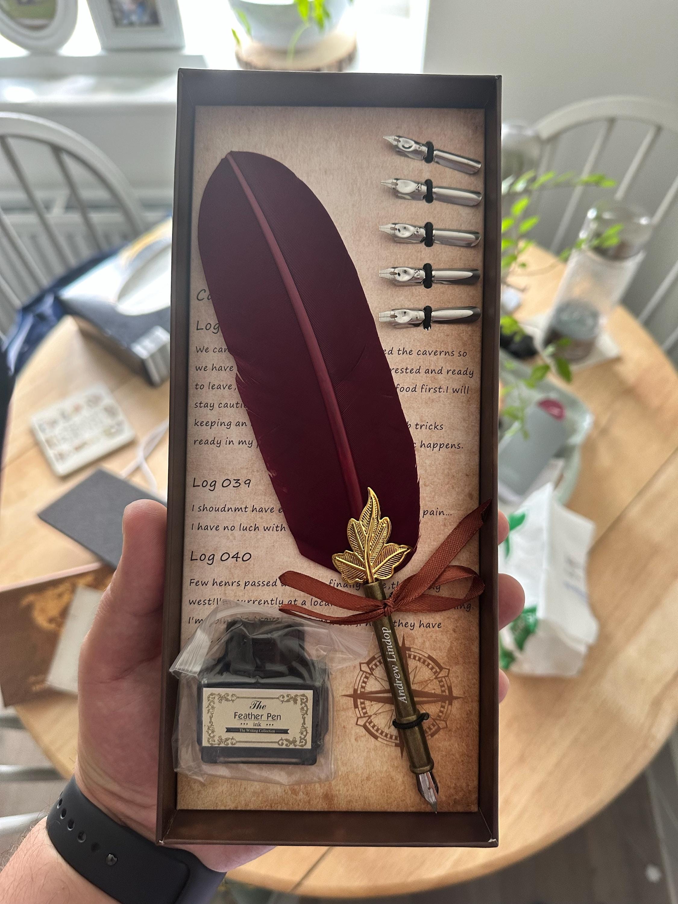 Customized Classic Elegant Feather Pen Antique Vintage Red Quill Pen and Black Ink Set in Gift Box Gifts for Artists and Writers