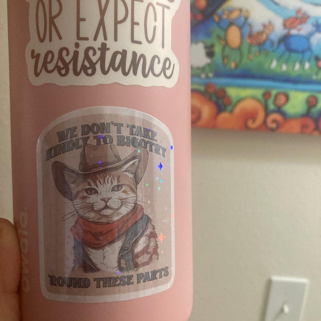 Funny Bigotry Cowboy Cat Stickers - Feminist We Don't Take Kindly To Bigotry Vinyl Decals