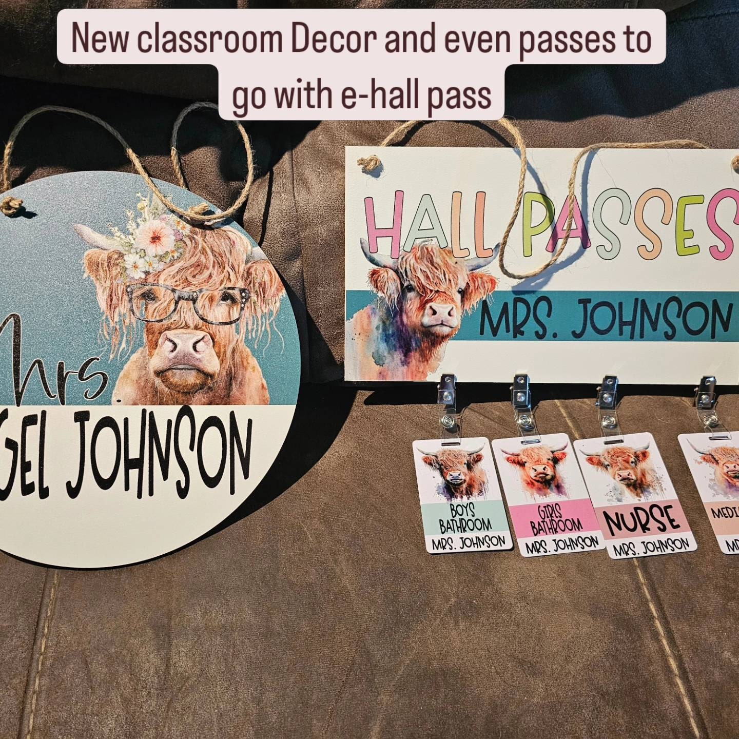 customized your teacher name highland cow floral watercolor wood sign