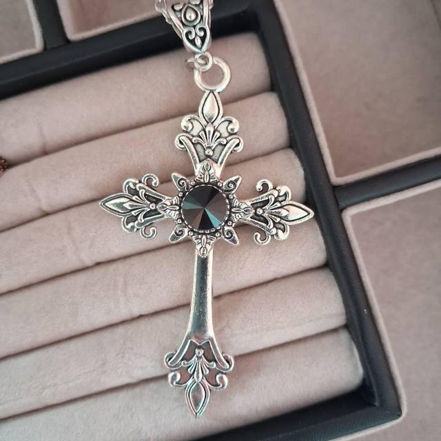 Jet Black Onyx Antiqued Silver Cross Crucifix Gothic Victorian