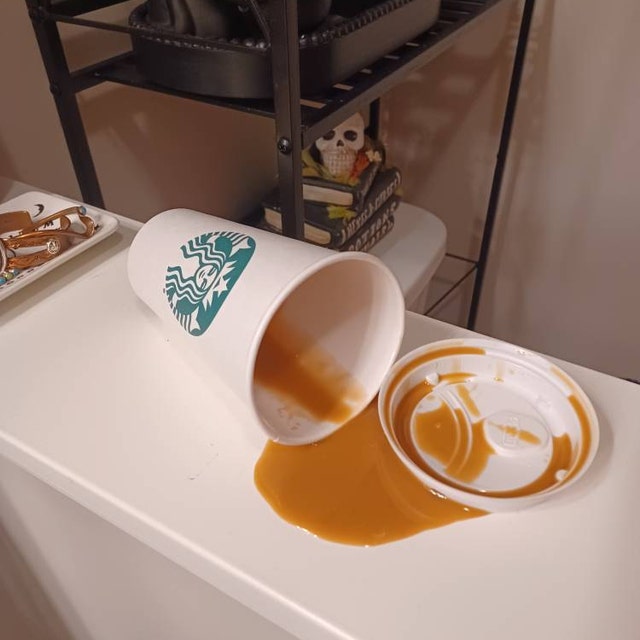 Spilled Cup Coffee With Cream SB Fake Food Photo Prop 