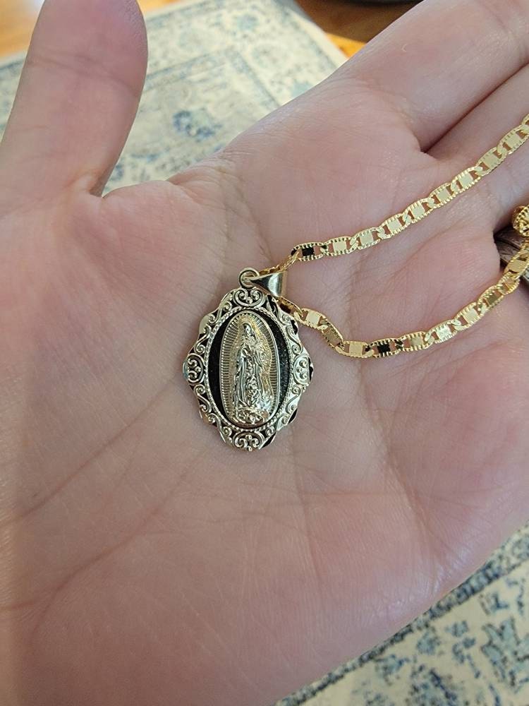 Gold Virgin Mary Necklace, Guadalupe Necklace, 2mm Fancy Flat Chain, 14k Heavy Plated Gold, High Quality, Lifetime Replacement Guarantee