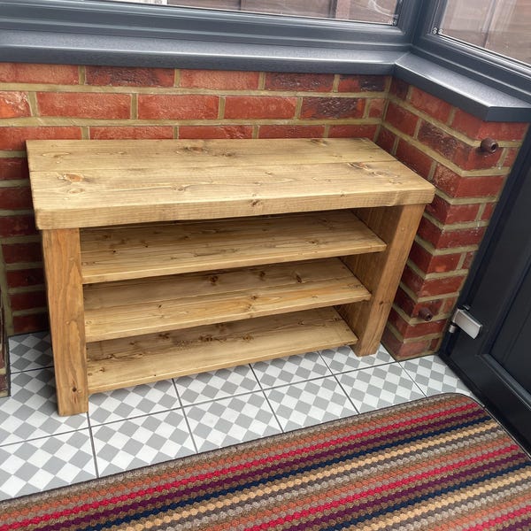 Rustic Shoe Rack Boot Rack Bench Golden Oak Solid Chunky Wood Antique ...