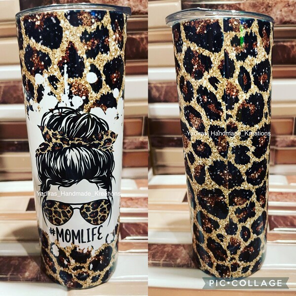 20 OZ Glitter Leopard Mom Life Messy Bun Skinny Tumbler Design ...