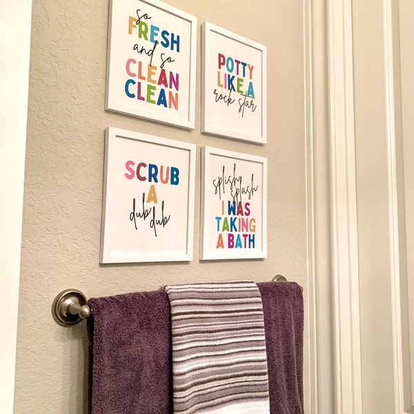 Kids Bathroom Art Set, Bathroom Wall Prints, Set of 4, Splish Splash