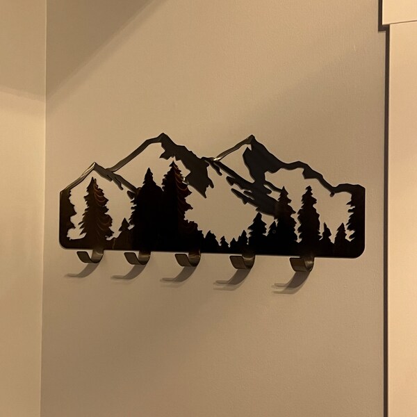 Picture of Mountain Metal Coat Rack | Rustic Wall Decor With 5 Hooks - Etsy