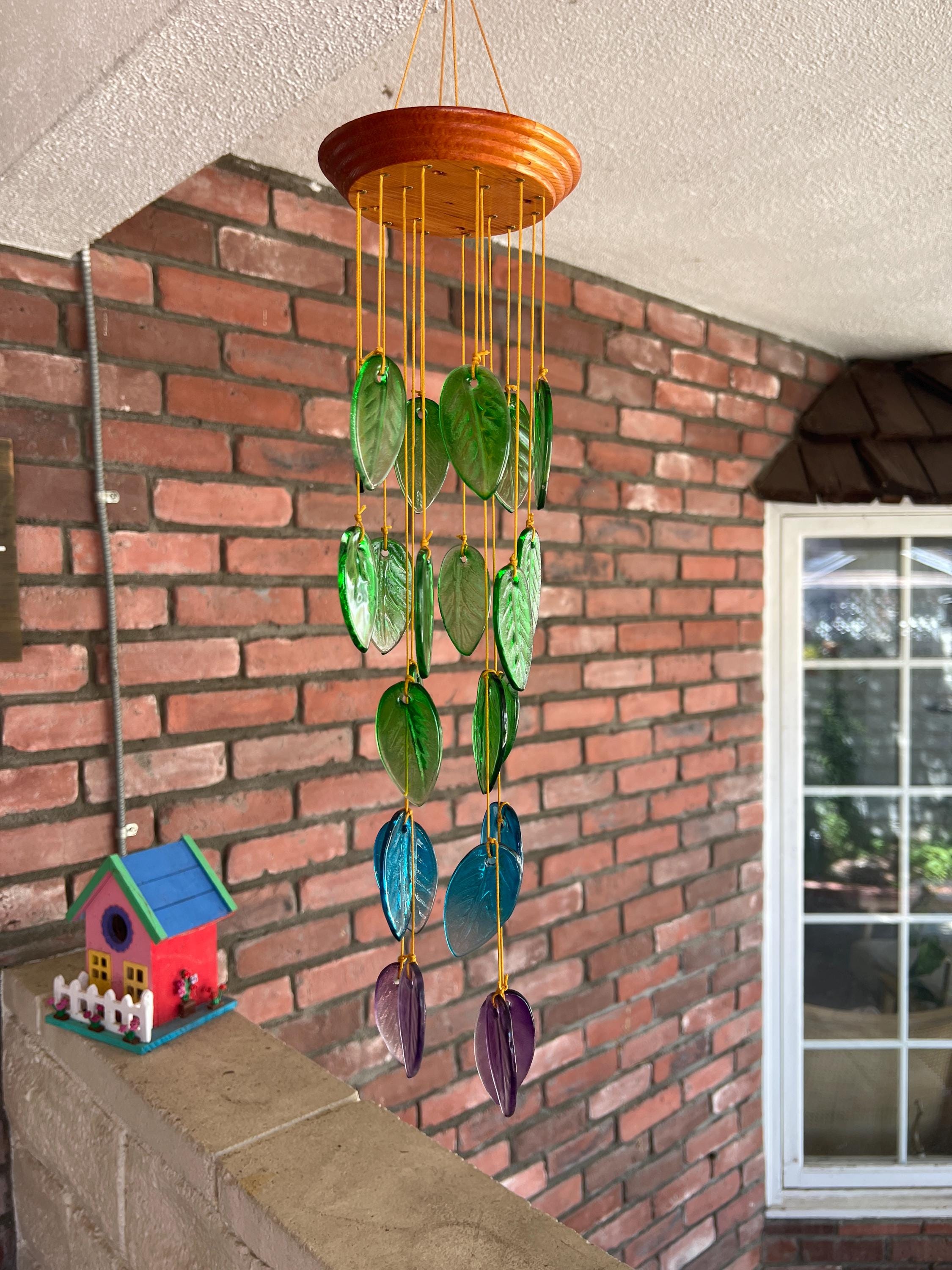 Rainbow colored Glass Leaves Wind Chime, Free Shipping.  Personalized Card on Request. Gift for  Mother. Father, Mom or Friend. Upcycle Art.