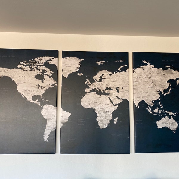 Extra Large Wall Art Navy Blue Push Pin World Map Canvas Print Old ...