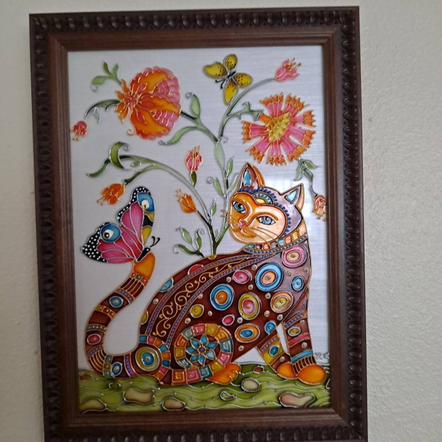 妖精猫アートステンドグラス絵画ファンタジー猫壁アート蝶と猫ガラス壁