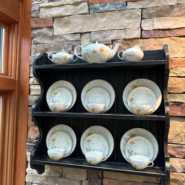 Distressed Black Pottery Plate Rack , Cottage Plate Wall Shelf,. 24 28 ...