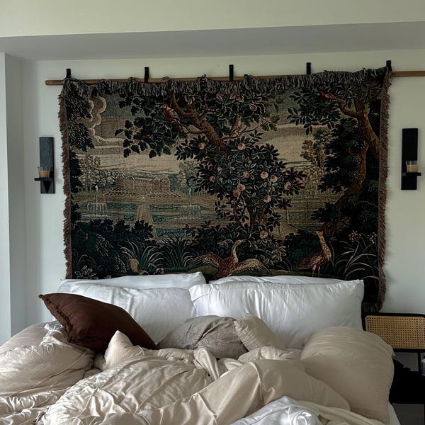 Woven Cotton Boho Bird Woven Tapestry Wall Hanging Botanical Green ...