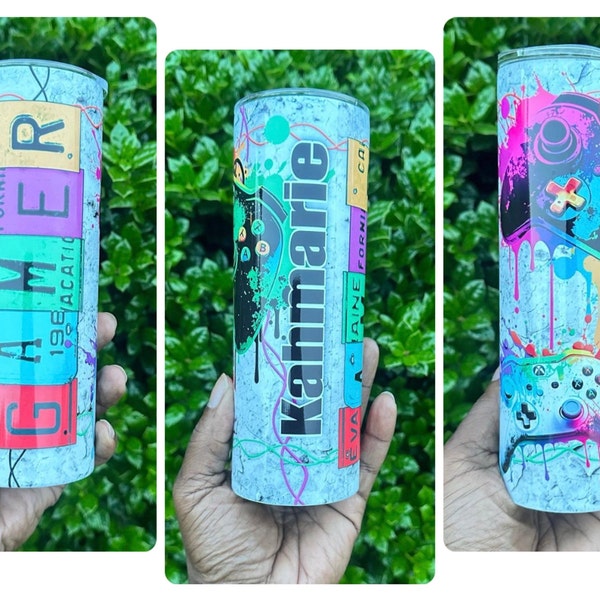Gamer 20 Oz Skinny Tumbler Sublimation Design Neon Video Game ...