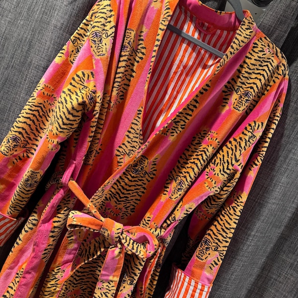 Velvet Tiger Print Kimono Robe: Handmade Velvet Cotton Blend Nightwear ...