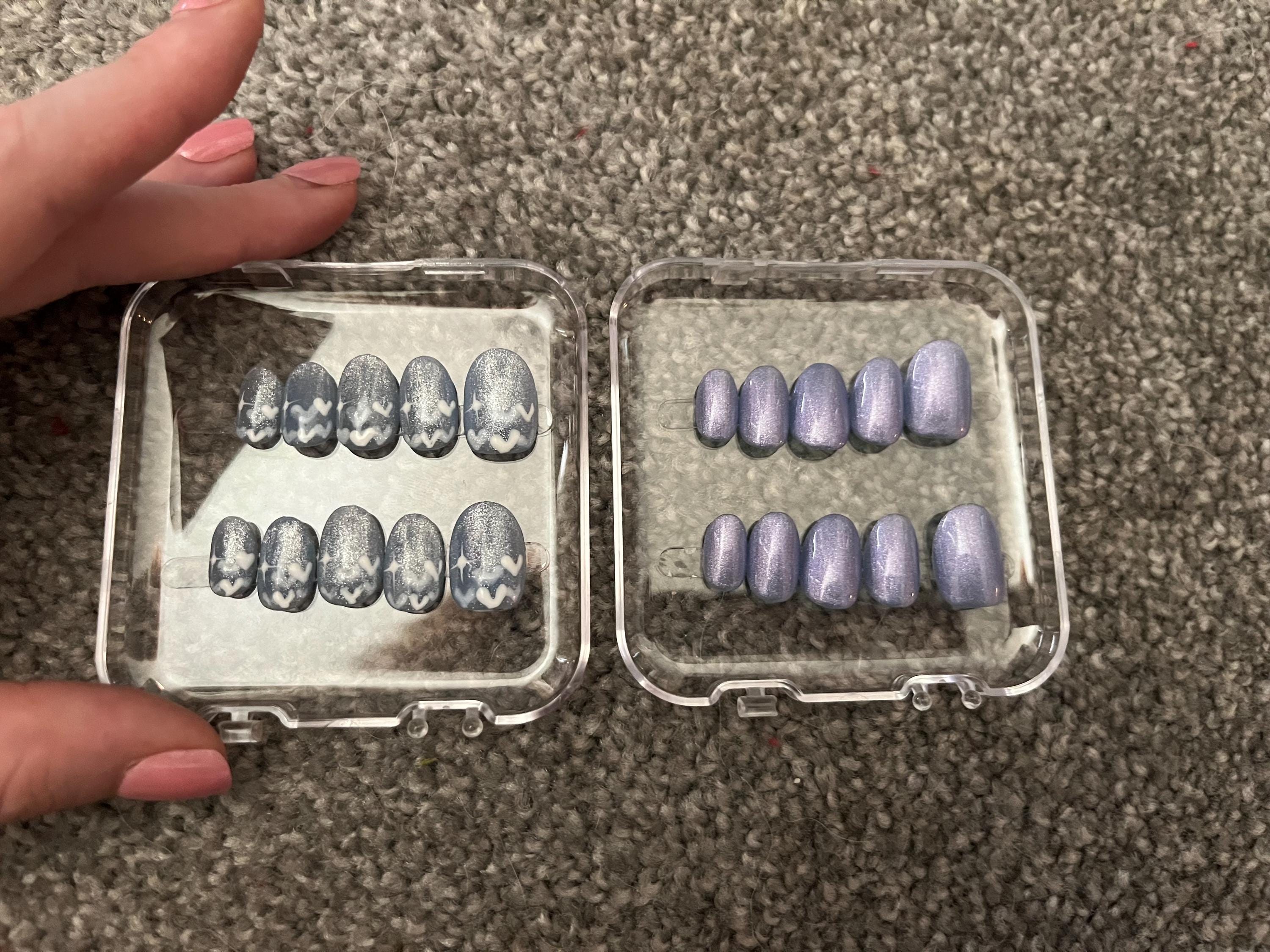 New Version | Short Baby Blue Reflective Cat Eye Little Heart Press On Nails | Gel Nails | Heart Nails | Cat Eye Nails | lmz142