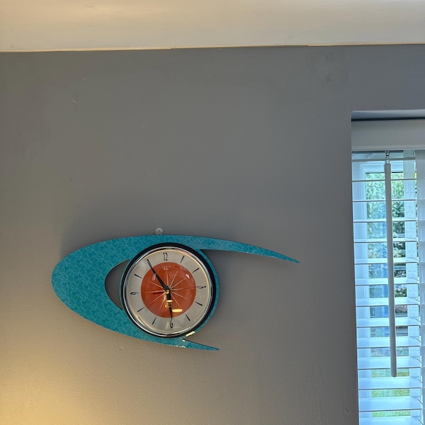 1970's Style Royalexe Mid Century Modern Wall Clock in Aquastone With a ...
