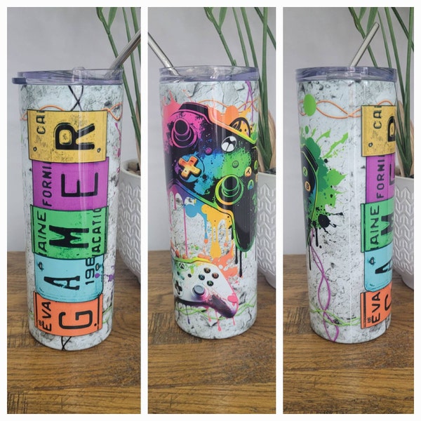 Gamer 20 Oz Skinny Tumbler Sublimation Design Neon Video Game ...