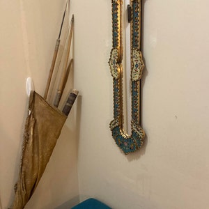 Peruvian Long Narrow wall mirror 35.4" Tall - Handmade Painted glass Skinny Turquoise wall Mirror with gold leaf for living room, bedroom