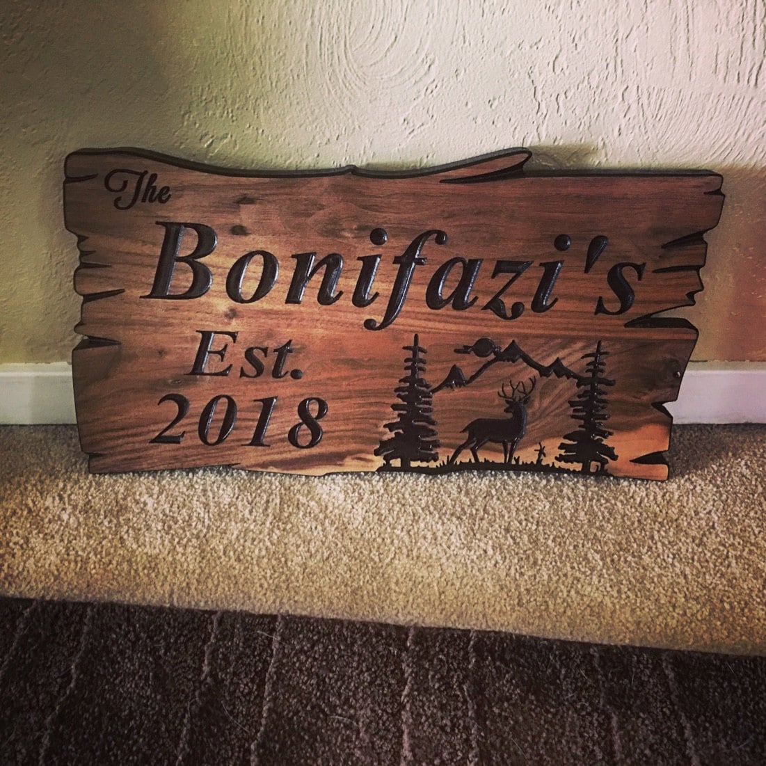 Custom Wood Sign, Family Name Sign, Rustic Home Decor Welcome Sign, Farmhouse Sign, Outdoor Wood Signs, Mountains Deer Pine Trees Farmhouse