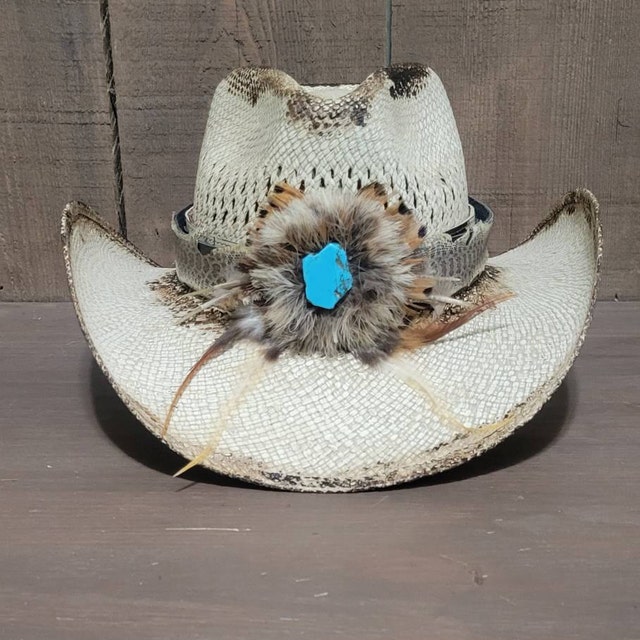 Turquoise Feather Hat Band, Western Leather Hat Band, Pheasant