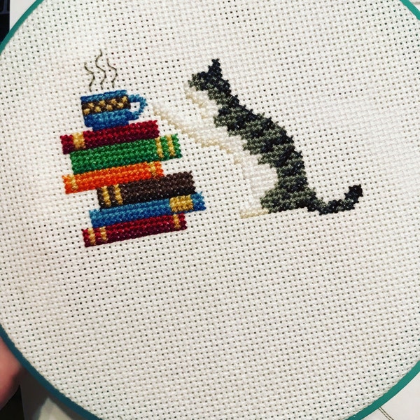 Cross Stitch Pattern - Cat, Books and Coffee - PDF Instant Download - Etsy
