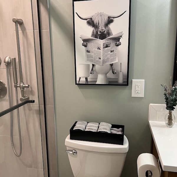 Framed Funny Highland Cow Bathroom Wall Art, Black & White Animal ...