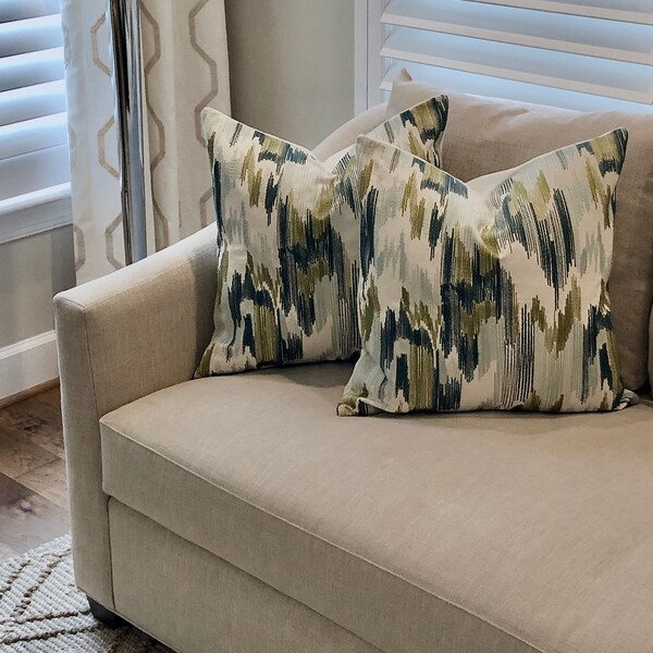 Outrageous Patterns FABRICUT “OUTRAGEOUS” Embroidered Pattern in Soft Blue and Green Pillow ...
