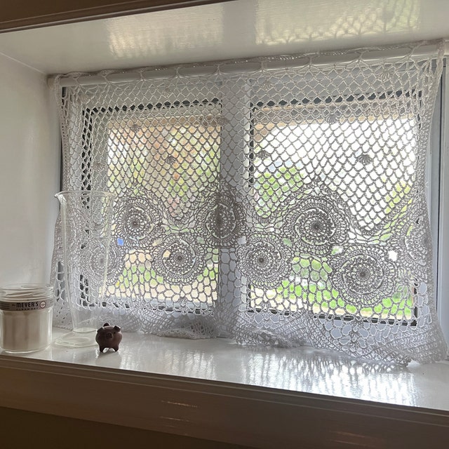 Rustic Crochet Lace Kitchen Window Curtain Valance – Cafe Tiers – Sheer Floral Pattern – Rod Pocket – Beige – Farmhouse Decor