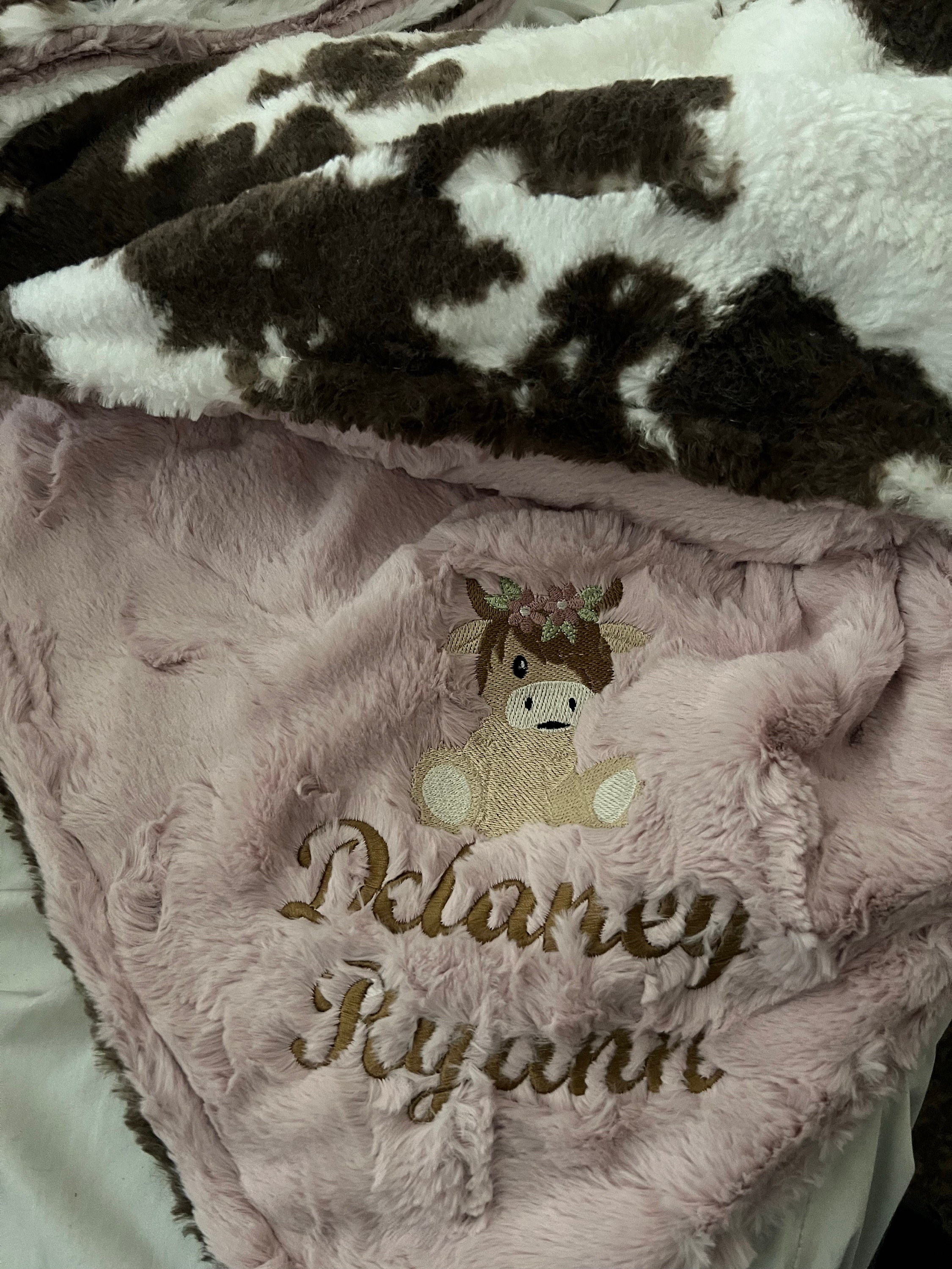 Personalized Baby Blanket, Embroidered Girl Highland Cow Blanket, Baby Cow Newborn Gift, Baby Shower Gift