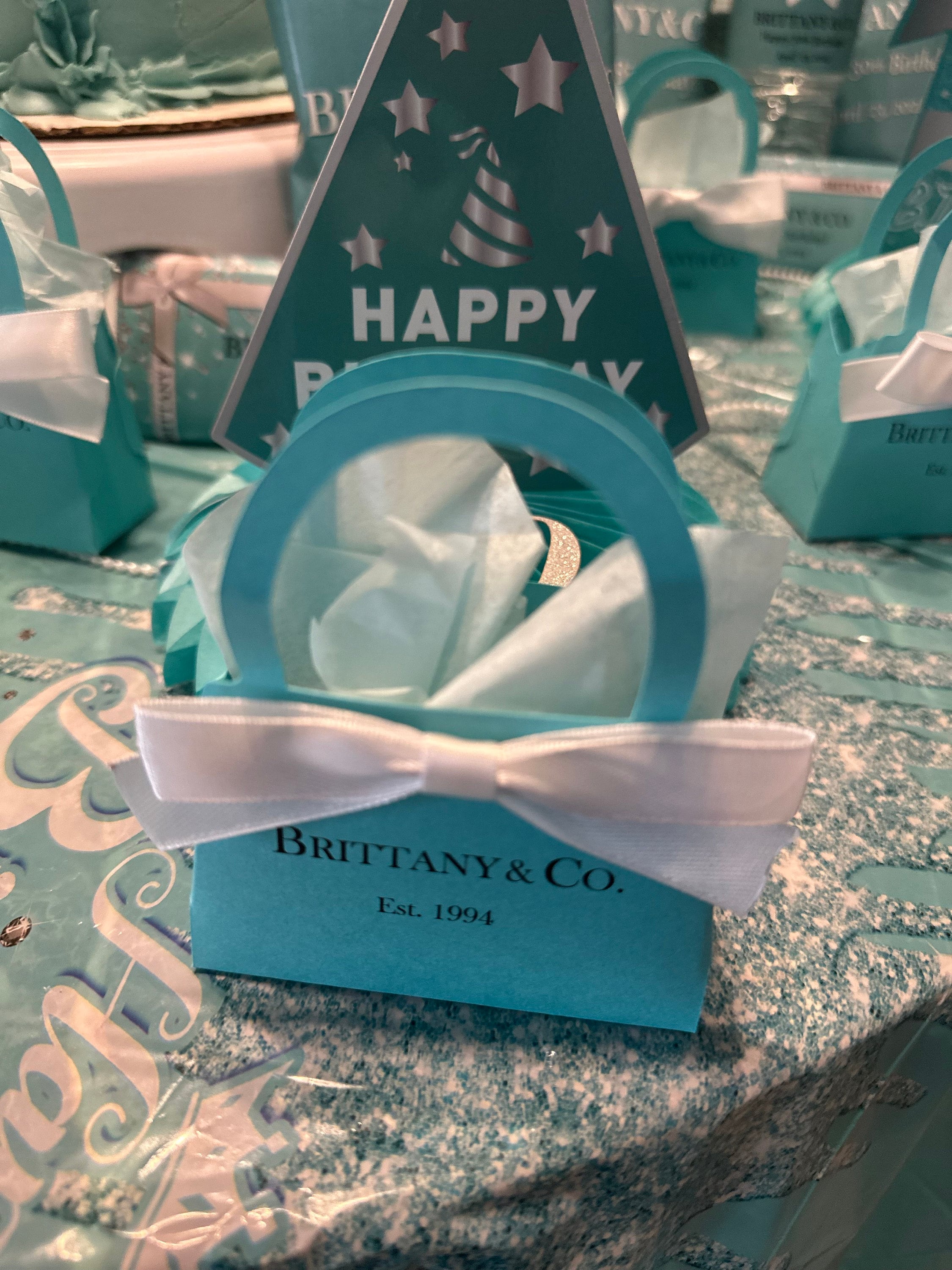 Personalisierte Mini-Geldbörse, Rotkehlchen-Ei-Farbe mit weißer Schleife. Babypartys, Brautpartys, Verlobungen, Sweet 16, Hochzeitssüßigkeiten, 10er-Set