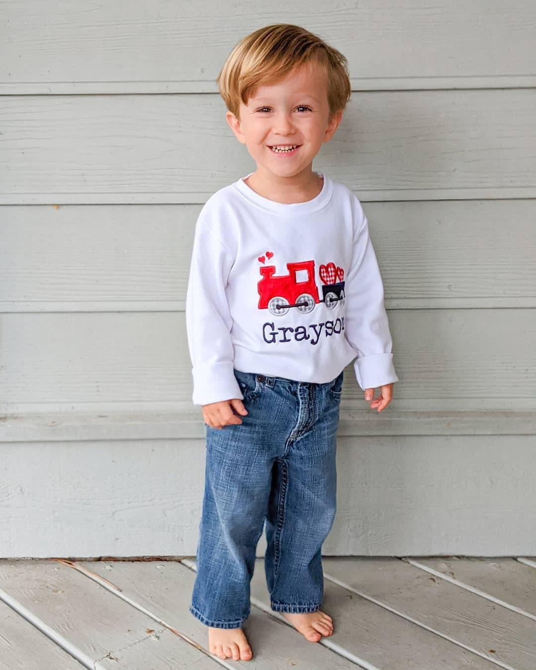 Valentine&#39;s Day Train Shirt - Toddler Boy Valentines Outfit - Personalized Train Hearts Applique Tee - Navy Corduroy Pants - Monogrammed
