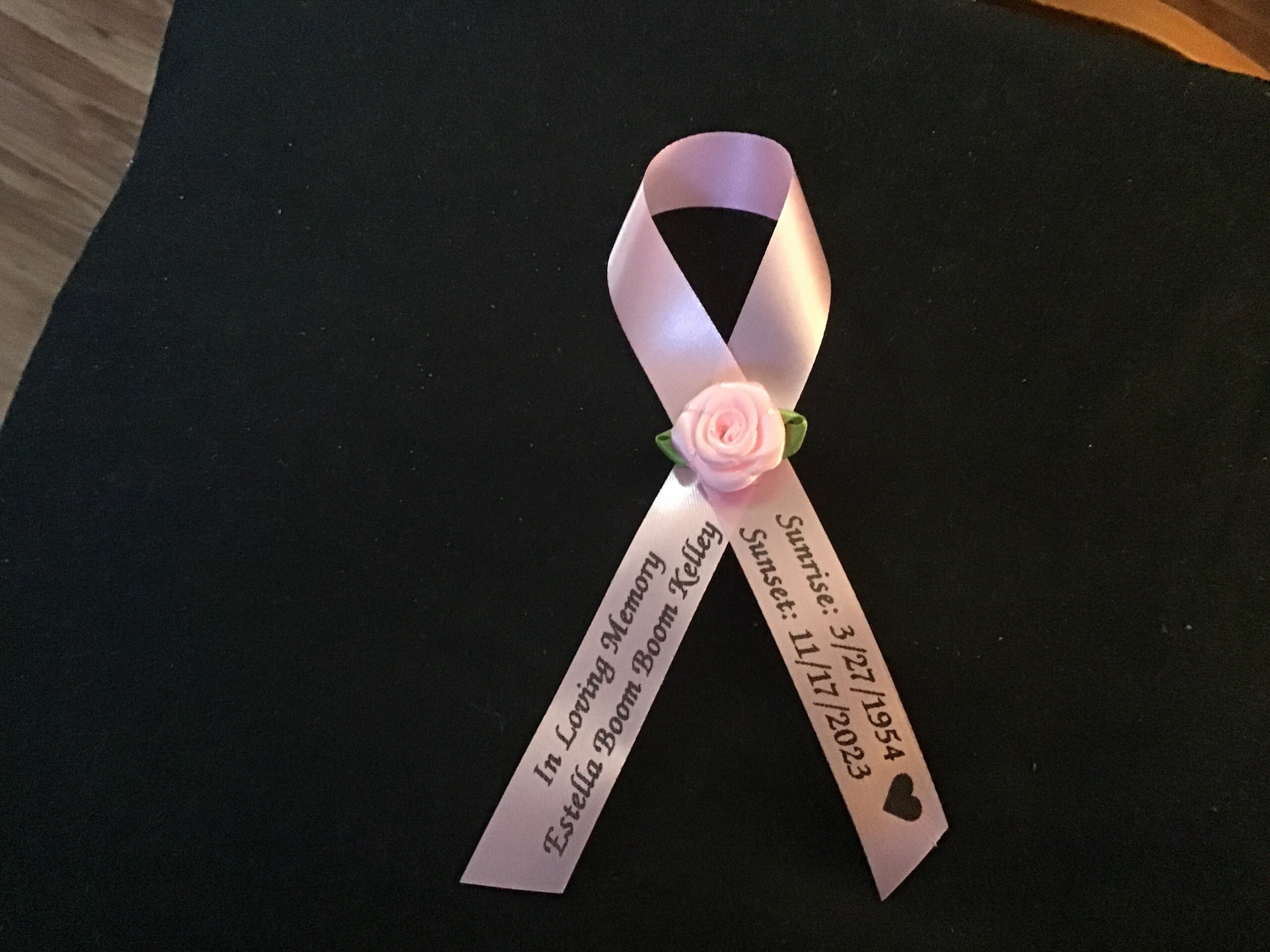 Personalized Memorial Ribbons with Pins for Funeral or Celebration of Life Assembled Fundraiser Awareness Ribbon - Rose Center Decoration