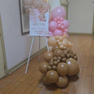 Editable Bear Pink Gold Welcome Baby Shower Sign, Gold Bear Pink Sign, Welcome Poster Bear Sign, Clouds Bear Bear Sign Pink Gold Decorations