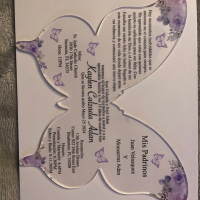 Lavender Floral Butterfly Acrylic Quinceañera Spanish Invitation, Personalize Your Modern Violet