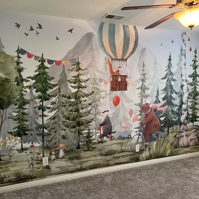 Forest Animals Kids Wallpaper, Nursery Hot Baloon Peel and Stick Trees ...
