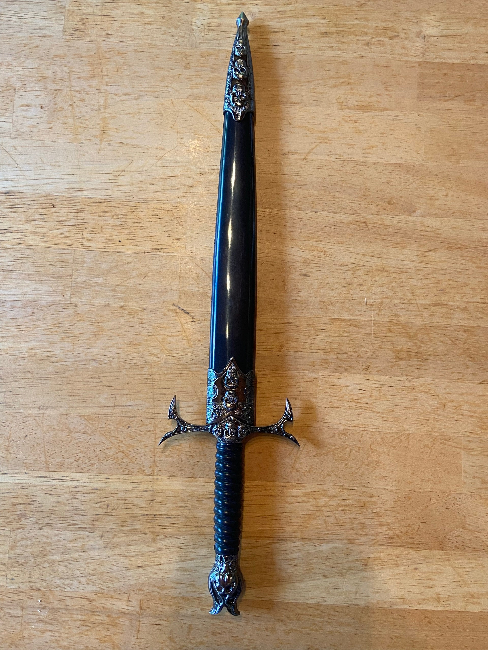 Black altar athame, adorned with skulls, matching sheath, ritual dagger with antique silver finish, 12-1/2" #20368