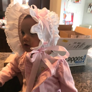 New Handmade White with Mauve Trim Baby Bonnet