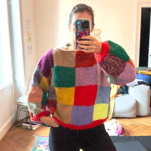 Patchwork Mohair Wool Jumper,hand Knit,colorful Checkered Women