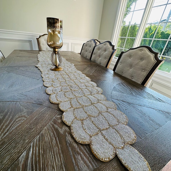 Handmade Bead Table Runner, Floral Beaded Runner, Silver and Gold ...