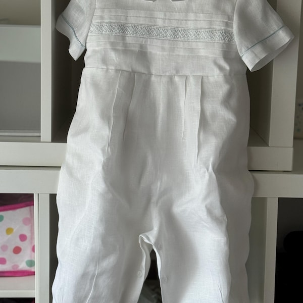 Claire & Charlie Baby Boys Pleated White Batiste Romper - Lined