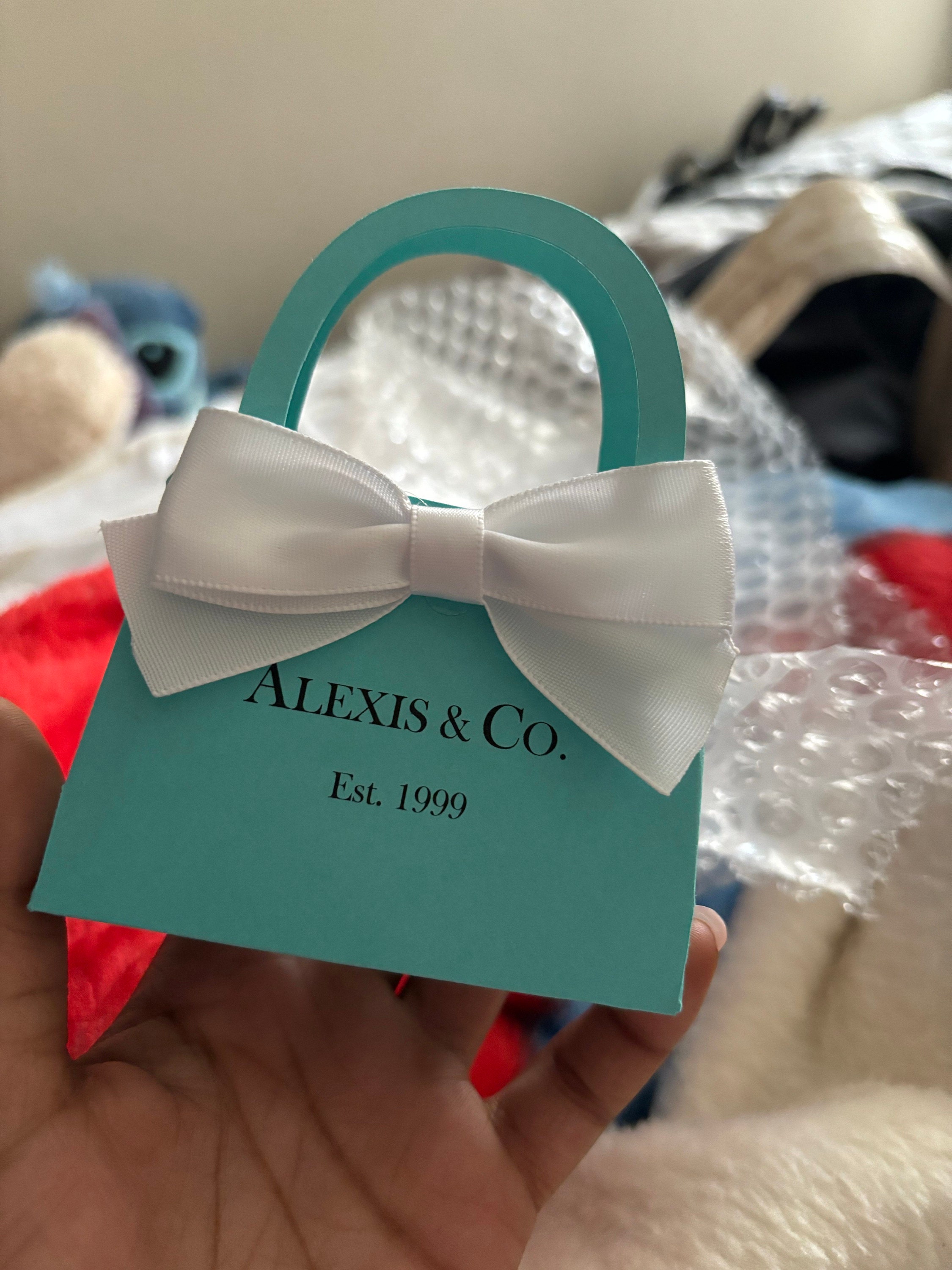 Personalisierte Mini-Geldbörse, Rotkehlchen-Ei-Farbe mit weißer Schleife. Babypartys, Brautpartys, Verlobungen, Sweet 16, Hochzeitssüßigkeiten, 10er-Set