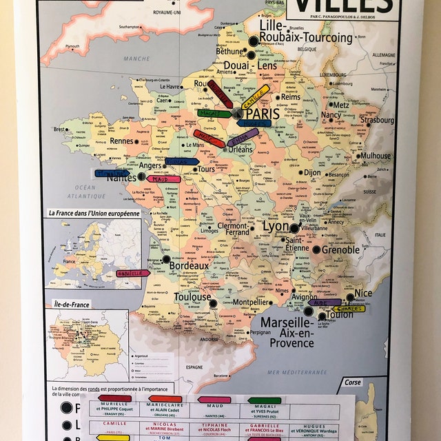 Carte de France Les Villes Déco pédagogique Géographie Départements Régions  cours deau Style ancienne affiche murale décole -  France