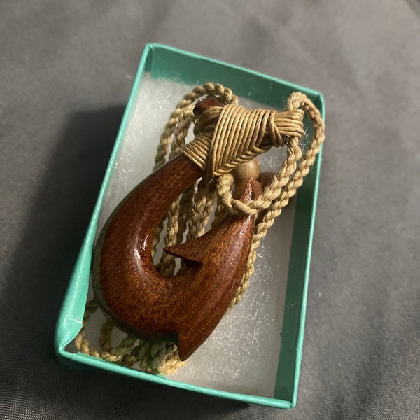 Genuine Hawaiian Koa Wood Fish Hook Pendant – Choker Necklace #45024