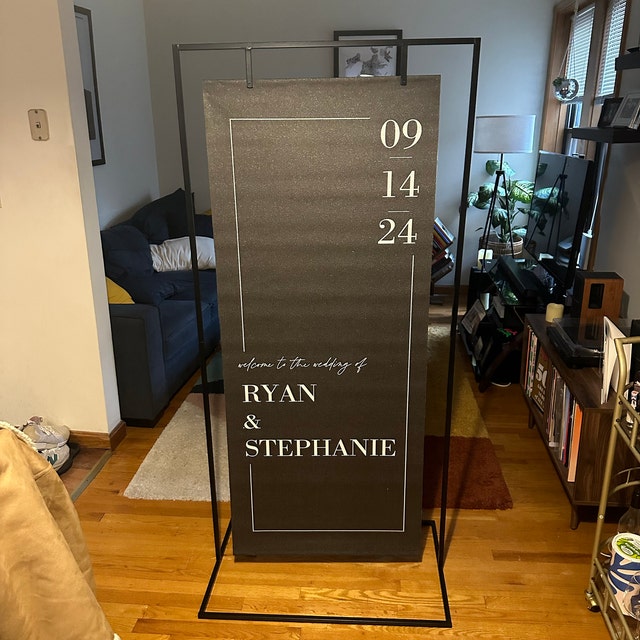 Adjustable Metal Wedding Sign Stand With Ribbons & Straps - Black Easel For Welcome Signs & Seating Charts